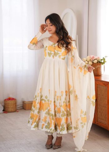 MODERN ORGANZA SILK FLORAL PRINT WORK GOWN BOTTOM WITH DUPATTA LIGHT YELLOW