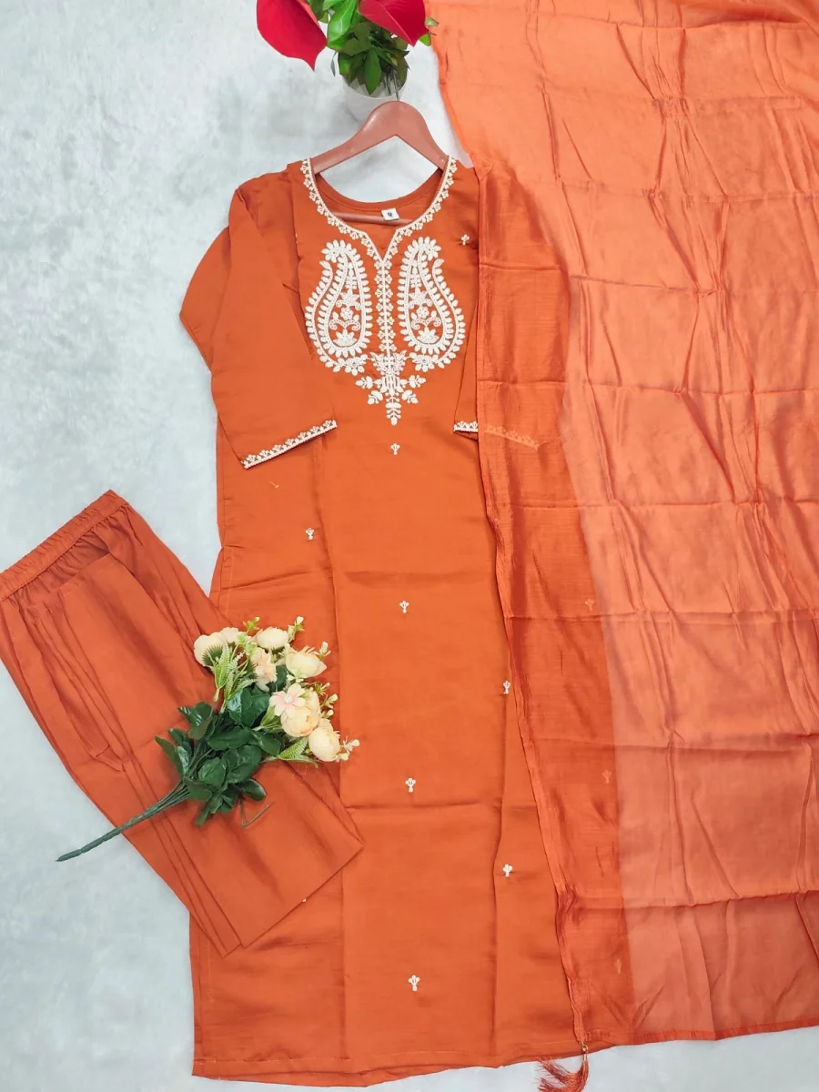 MODERN PV CHANDERI COTTON EMBROIDERY WORK TOP BOTTOM WITH DUPATTA FESTIVE WEAR WHOLESALE PRICE ETHNIC GARMENT (1)