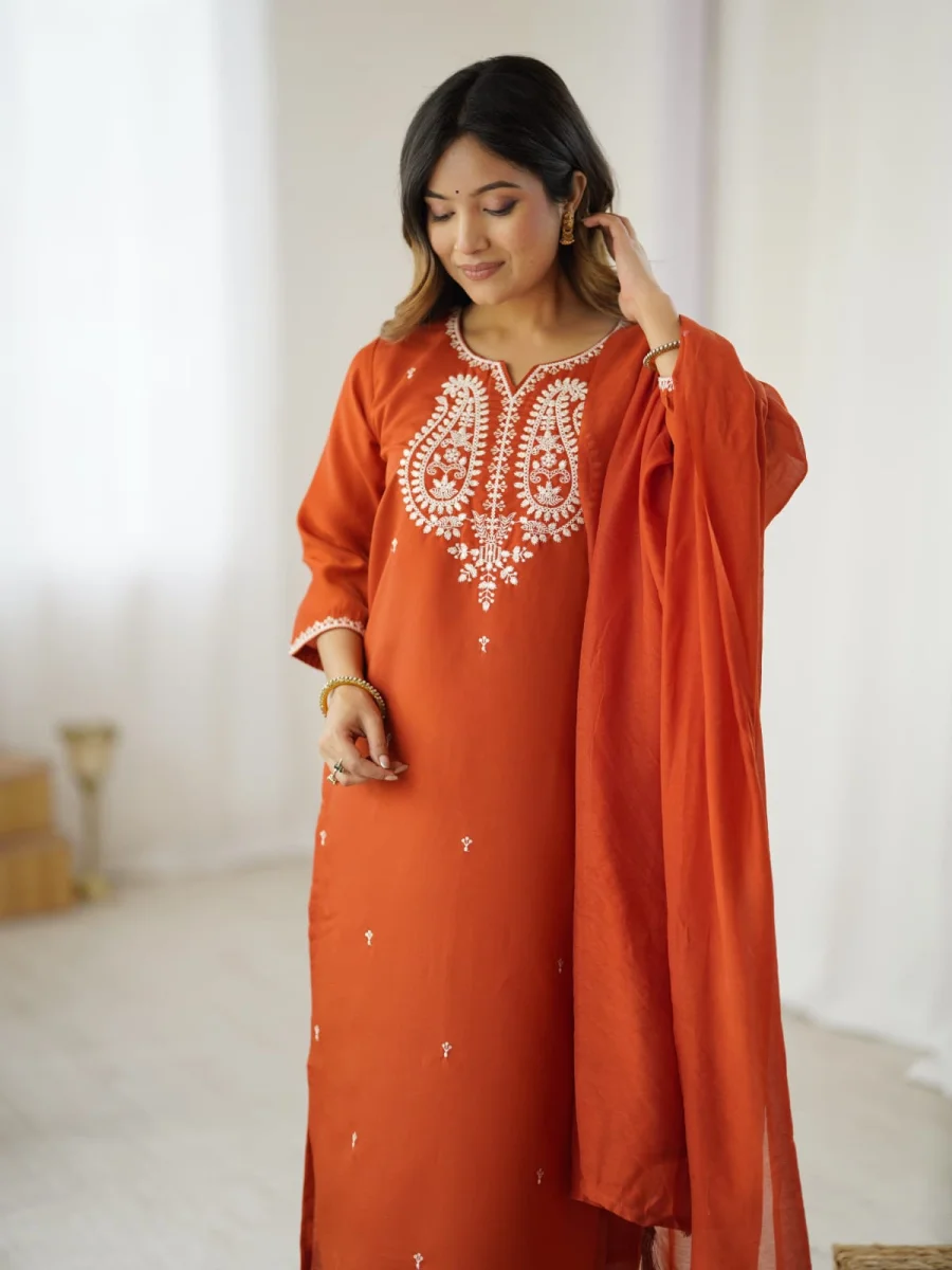 MODERN PV CHANDERI COTTON EMBROIDERY WORK TOP BOTTOM WITH DUPATTA FESTIVE WEAR WHOLESALE PRICE ETHNIC GARMENT (2)