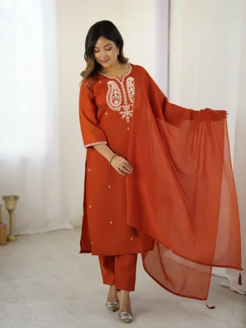 MODERN PV CHANDERI COTTON EMBROIDERY WORK TOP BOTTOM WITH DUPATTA ORANGE