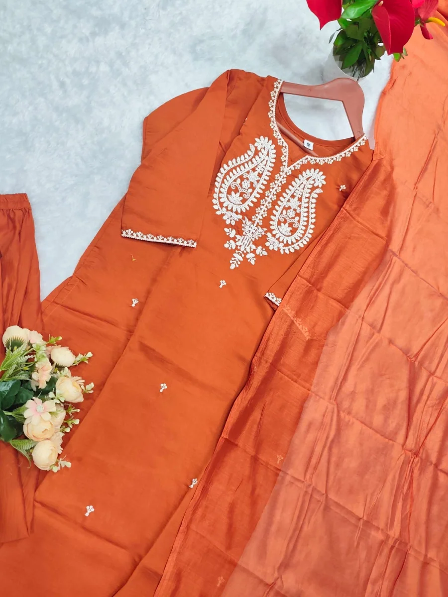 MODERN PV CHANDERI COTTON EMBROIDERY WORK TOP BOTTOM WITH DUPATTA FESTIVE WEAR WHOLESALE PRICE ETHNIC GARMENT (8)