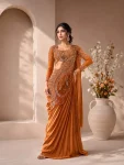 MODERN RANGOLI SILK PLAIN READY TO WEAR SAREE WITH MULTI THREAD EMBROIDERY SEQUENCE WORK STITCHED BLOUSE ORANGE