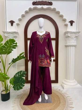 MODERN RAYON HEAVY THREAD WORK TOP PATIYALA WITH DUPATTA WINE