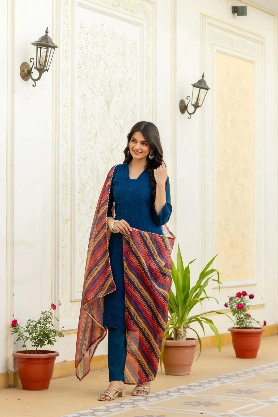 MODERN ROMAN SILK CHIKAN KARI WORK TOP BOTTOM WITH DUPATTA FESTIVE WEAR WHOLESALE PRICE ETHNIC GARMENT (29)
