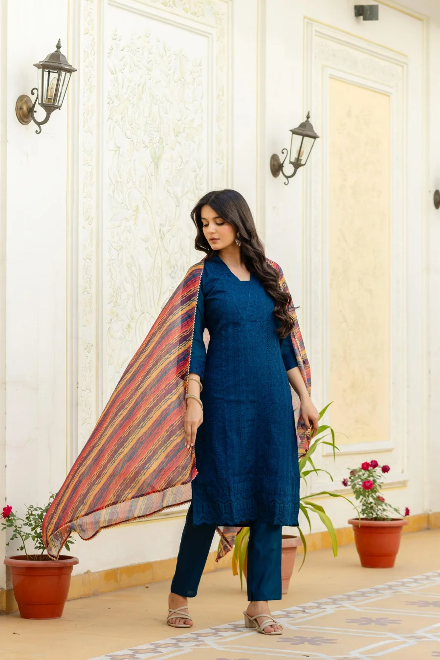 MODERN ROMAN SILK CHIKAN KARI WORK TOP BOTTOM WITH DUPATTA FESTIVE WEAR WHOLESALE PRICE ETHNIC GARMENT (33)