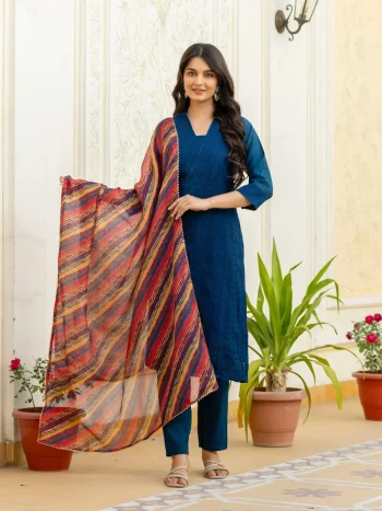 MODERN ROMAN SILK CHIKAN KARI WORK TOP BOTTOM WITH DUPATTA TEAL