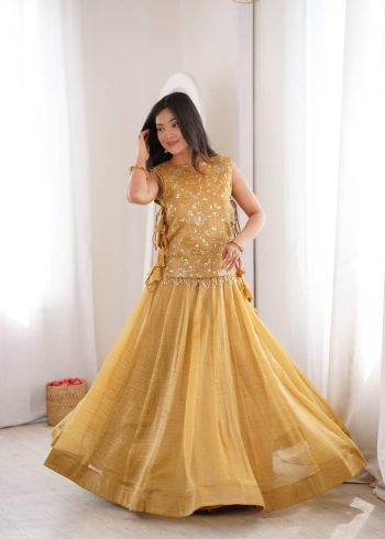 MODERN SALSA CRUSH PLAIN LEHENGA CHOLI WITH ZARI & SEQUENCE EMBROIDERY WORK WITH PEARL & MOTI LACE WORK KOTI YELLOW