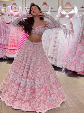 MODERN SLUB SILK RESHAM DORI & RAINBOW SEQUENCE WORK LEHENGA CHOLI WITH DUPATTA BABY PINK