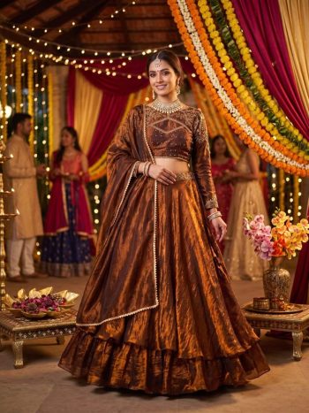 MODERN SPACE SILK RIVET MOTI AND SEQUENCE EMBROIDERY WORK LEHENGA CHOLI WITH DUPATTA CHIKU