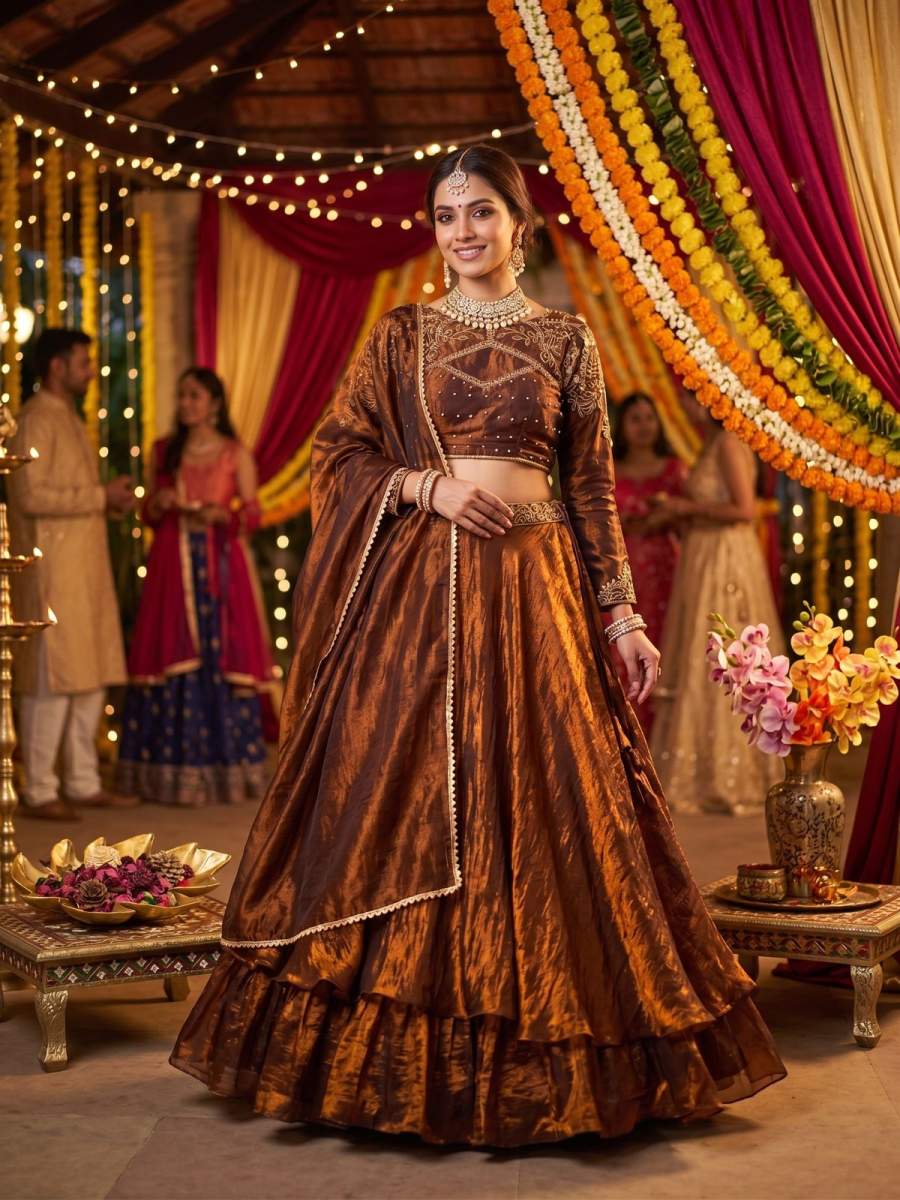 MODERN SPACE SILK RIVET MOTI AND SEQUENCE EMBROIDERY WORK LEHENGA CHOLI WITH DUPATTA WEDDING WEAR WHOLESALE PRICE ETHNIC GARMENT (4)