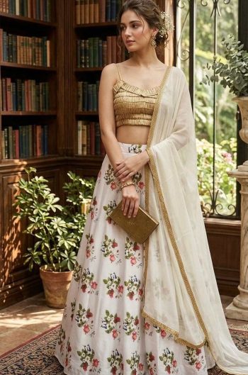 MODERN TAPETA SILK DIGITAL PRINT WORK LEHENGA WITH STITCHED BLOUSE AND DUPATTA OFF WHITE