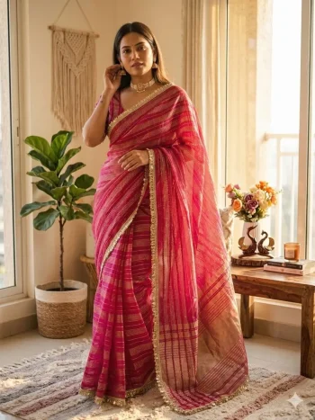MODERN TISSUE SILK WEAVING SEQUENCE AND RIBBON WITH FANCY LACE BORDER WORK SAREE WITH UNSTITCHED BLOUSE PINK