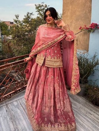 MODERN TWO TONE FENDY SILK EMBROIDERY CODING & SEQUENCE WORK TOP LEHENGA WITH DUPATTA PINK