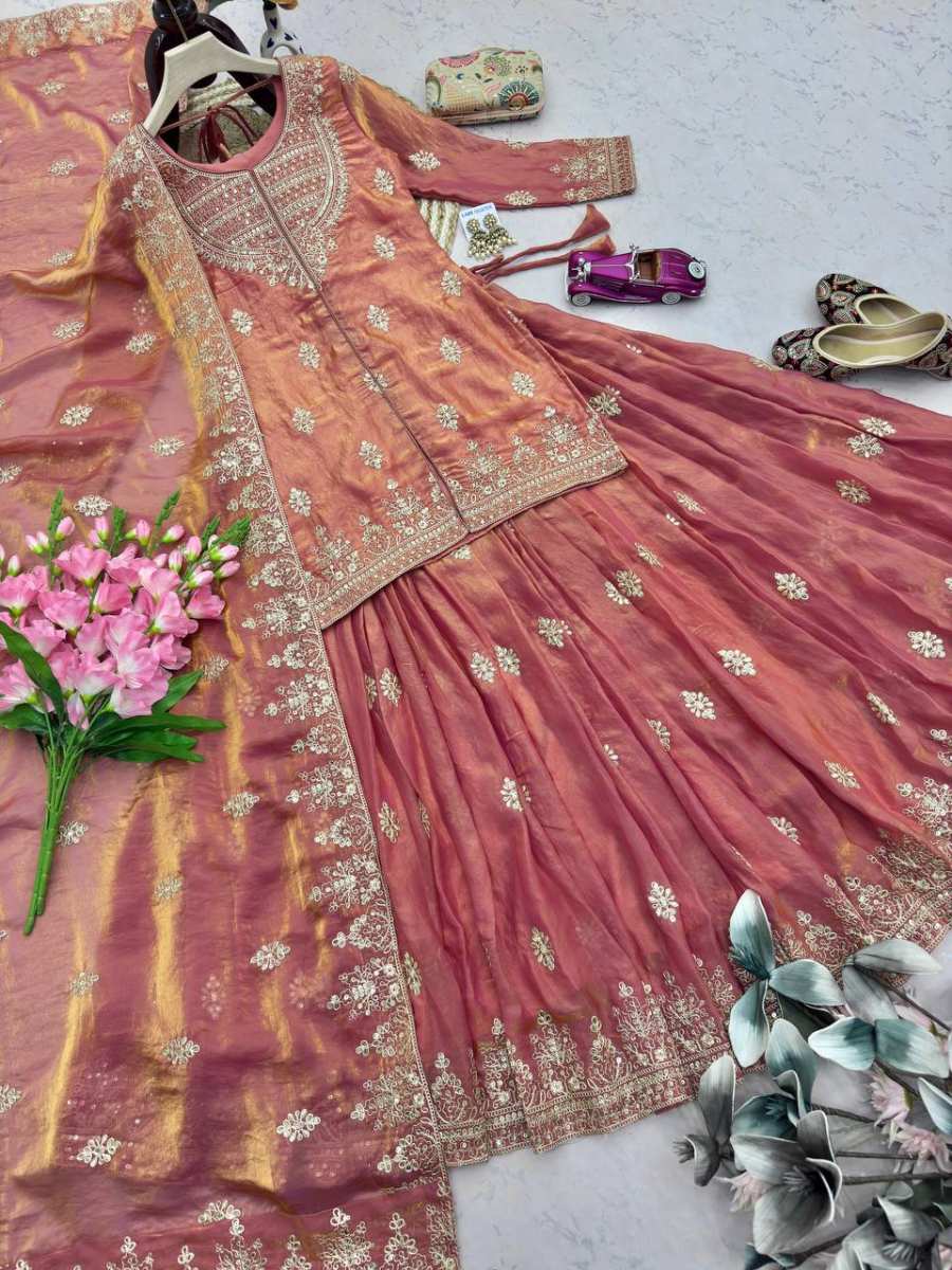MODERN TWO TONE FENDY SILK EMBROIDERY CODING & SEQUENCE WORK TOP LEHENGA WITH DUPATTA FESTIVE WEAR WHOLESALE PRICE ETHNIC GARMENT (7)