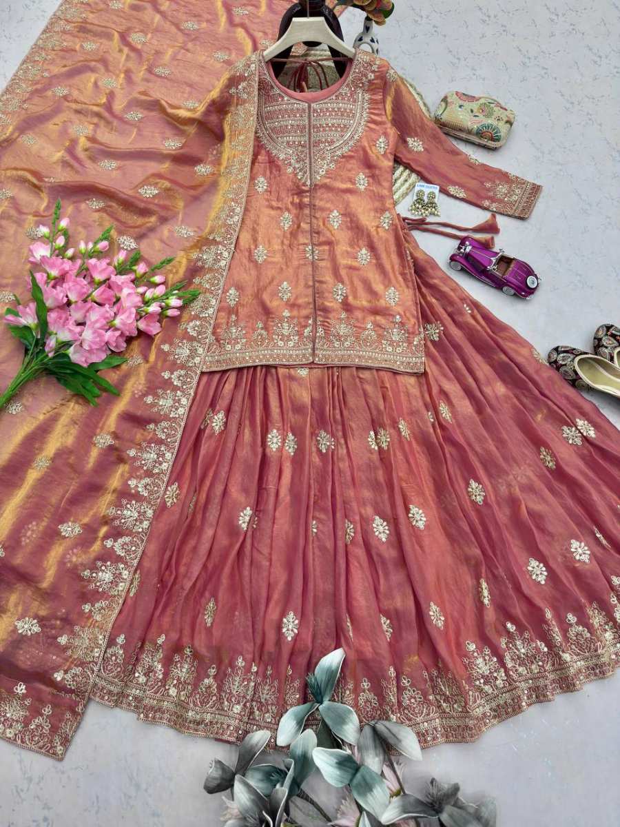 MODERN TWO TONE FENDY SILK EMBROIDERY CODING & SEQUENCE WORK TOP LEHENGA WITH DUPATTA FESTIVE WEAR WHOLESALE PRICE ETHNIC GARMENT (8)
