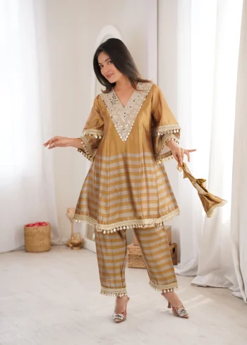 NEW ARRIVAL 2 TONE TISSUE CODING EMBROIDERED & MIRROR WORK LACE WORK TOP BOTTOM WITH BATWA GOLD