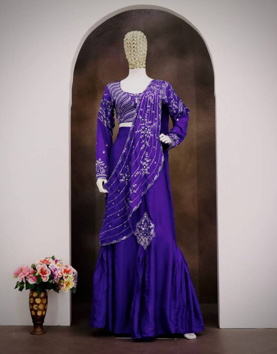 NEW ARRIVAL CHINON SILK EMBROIDERY SEQUENCE WORK LEHENGA SAREE WITH STITCHED BLOUSE ATTACHED PALLU PARTY WEAR WHOLESALE PRICE ETHNIC GARMENT (1)