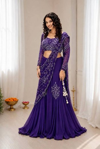 NEW ARRIVAL CHINON SILK EMBROIDERY SEQUENCE WORK LEHENGA SAREE WITH STITCHED BLOUSE ATTACHED PALLU PURPLE