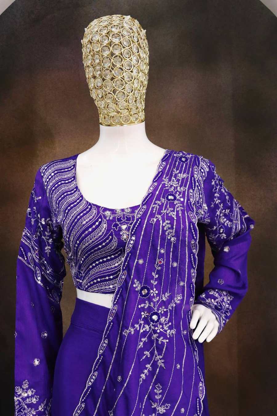 NEW ARRIVAL CHINON SILK EMBROIDERY SEQUENCE WORK LEHENGA SAREE WITH STITCHED BLOUSE ATTACHED PALLU PARTY WEAR WHOLESALE PRICE ETHNIC GARMENT (16)