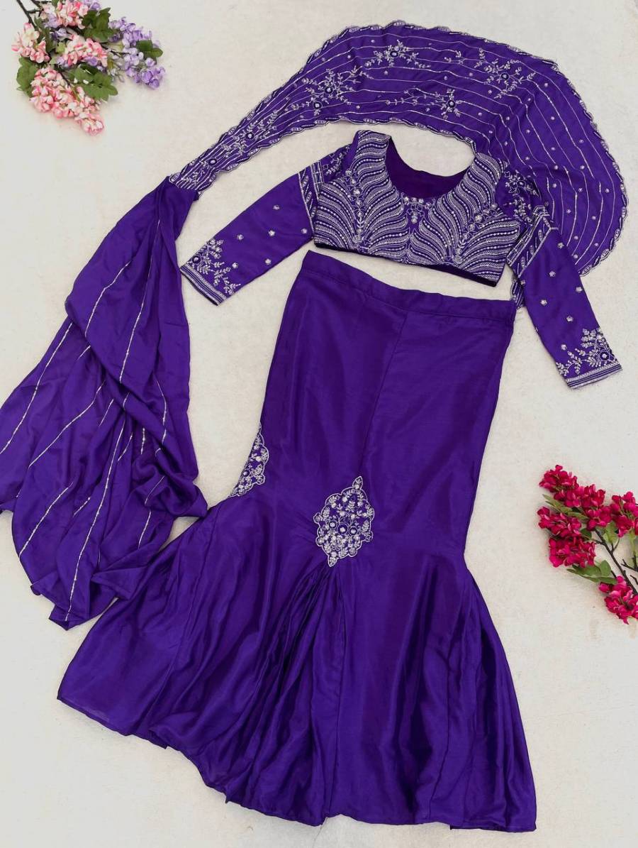 NEW ARRIVAL CHINON SILK EMBROIDERY SEQUENCE WORK LEHENGA SAREE WITH STITCHED BLOUSE ATTACHED PALLU PARTY WEAR WHOLESALE PRICE ETHNIC GARMENT (18)