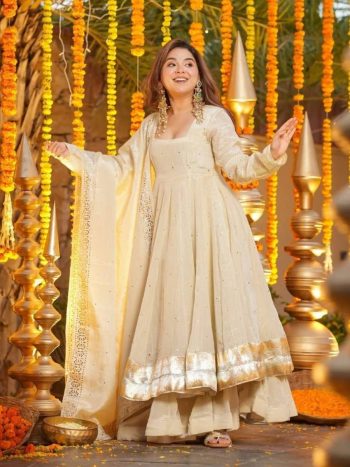 NEW ARRIVAL CHINON SILK FOIL WORK GOWN PALAZZO WITH DUPATTA OFF WHITE