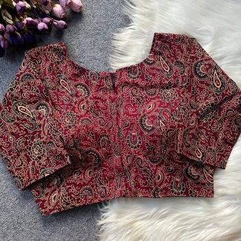 NEW ARRIVAL COTTON AJRAKH PRINT WORK STITCHED BLOUSE BLACK MAROON