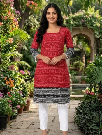 NEW ARRIVAL COTTON DIGITAL PRINT WITH KODI BORDER KURTI BOTTOM SET RED