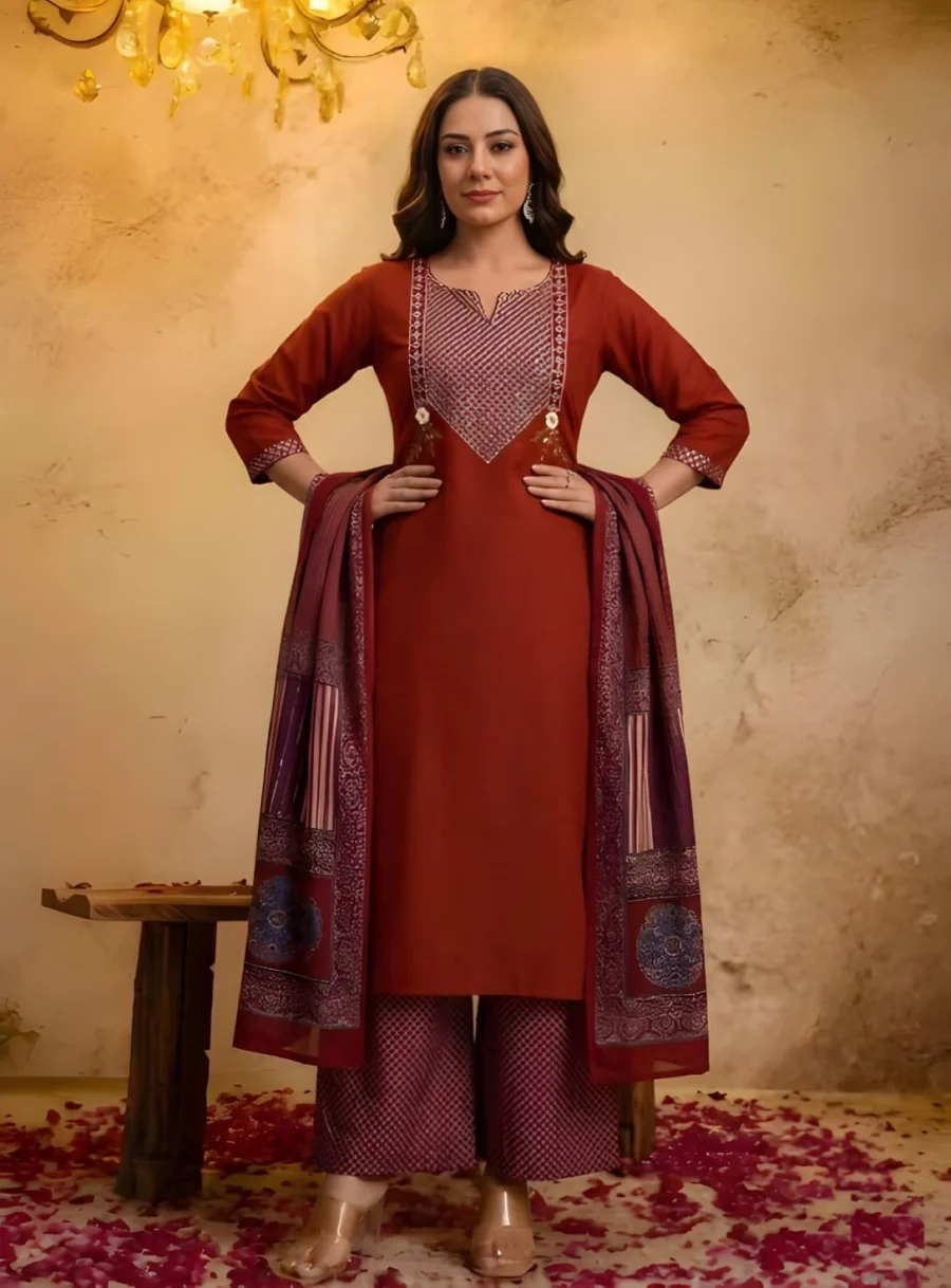 NEW ARRIVAL COTTON EMBROIDERED + HAND WORK TOP BOTTOM WITH DUPATTA FESTIVE WEAR WHOLESALE PRICE ETHNIC GARMENT (9)