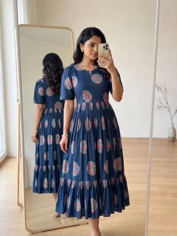 NEW ARRIVAL COTTON PRINTED WORK ONE PIECE DRESS BLUE