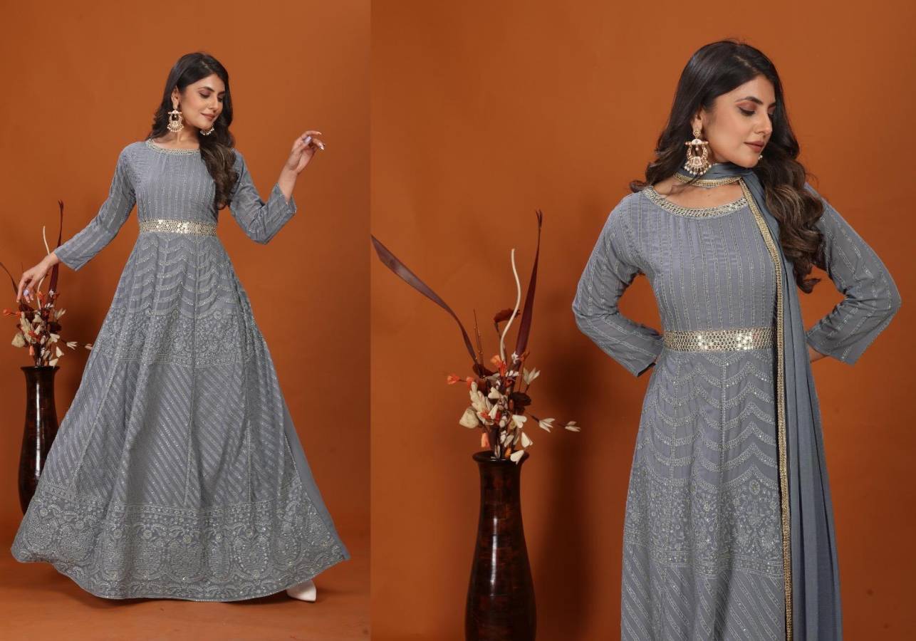 NEW ARRIVAL FAUX EMBROIDERY WORK GOWN WITH DUPATTA FESTIVE WEAR WHOLESALE PRICE ETHNIC GARMENT (6)
