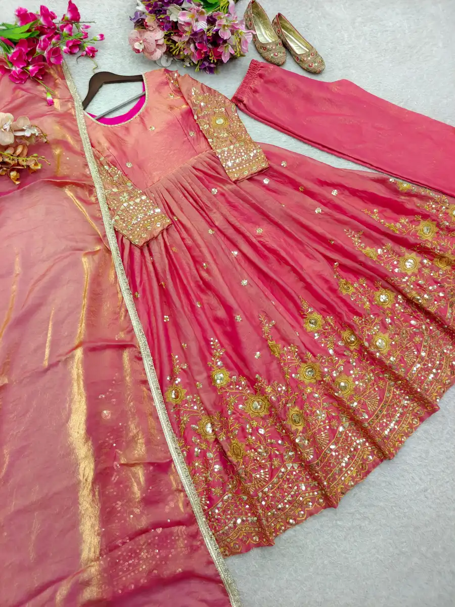 NEW ARRIVAL FENDY SATIN SILK EMBROIDERY 5 MM SEQUENCE WORK GOWN BOTTOM WITH DUPATTA FESTIVE WEAR WHOLESALE PRICE ETHNIC GARMENT (1)
