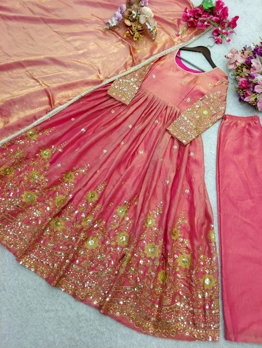 NEW ARRIVAL FENDY SATIN SILK EMBROIDERY 5 MM SEQUENCE WORK GOWN BOTTOM WITH DUPATTA FESTIVE WEAR WHOLESALE PRICE ETHNIC GARMENT (5)