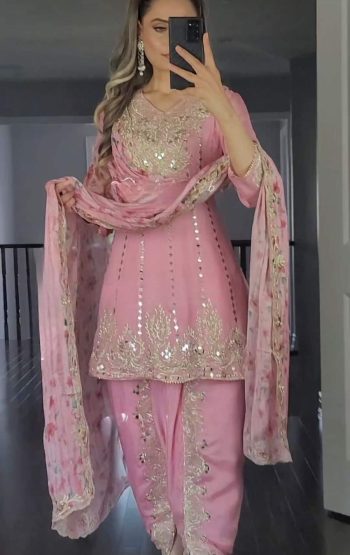 NEW ARRIVAL GEORGETTE EMBROIDERY 5 MM SEQUENCE WORK TOP DHOTI SALWAR WITH DUPATTA PEACH