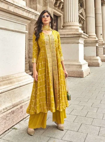 NEW ARRIVAL GEORGETTE PRINTED WITH  REAL MIRROR HAND WORK, DHAGA ZARI + SEQUENCE WORK TOP PALAZZO WITH DUPATTA YELLOW