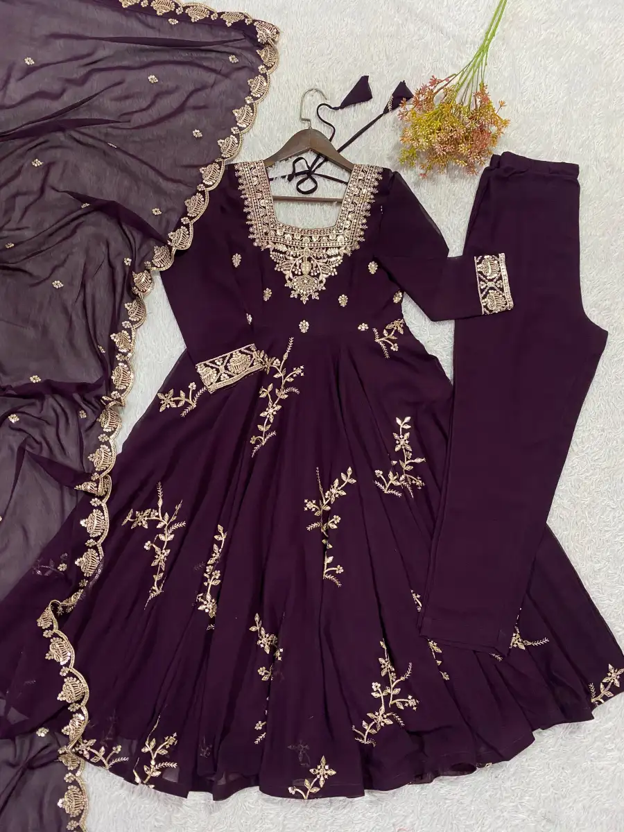 NEW ARRIVAL GEORGETTE SEQUENCE EMBROIDERY WORK GOWN BOTTOM WITH DUPATTA WEDDING WEAR WHOLESALE PRICE ETHNIC GARMENT (10)