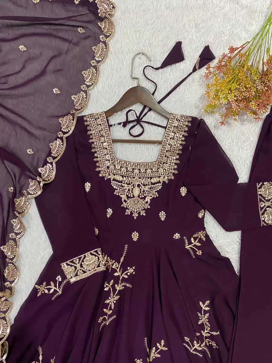 NEW ARRIVAL GEORGETTE SEQUENCE EMBROIDERY WORK GOWN BOTTOM WITH DUPATTA WEDDING WEAR WHOLESALE PRICE ETHNIC GARMENT (11)