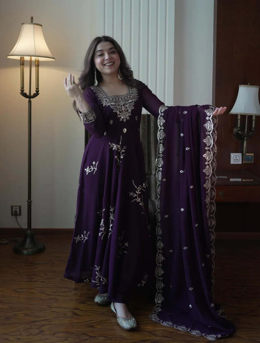 NEW ARRIVAL GEORGETTE SEQUENCE EMBROIDERY WORK GOWN BOTTOM WITH DUPATTA WEDDING WEAR WHOLESALE PRICE ETHNIC GARMENT (9)