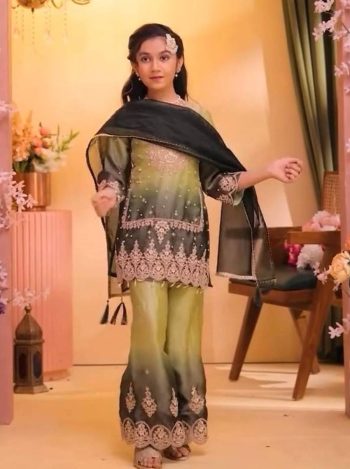 NEW ARRIVAL GMY SILK EMBROIDERY SEQUENCE & CODING DORI WITH DIGITAL PRINT AND MOTI HAND WORK KID'S TOP PALAZZO WITH DUPATTA YELLOW