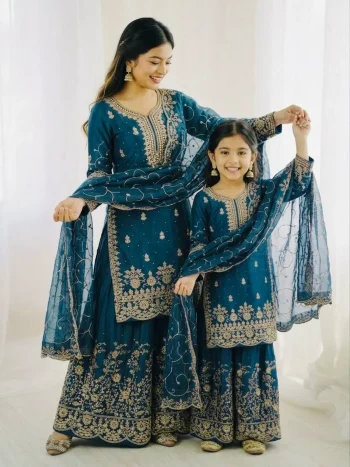 NEW ARRIVAL GMY SILK EMBROIDERY SEQUENCE WORK MOTHDER DAUGHTER SET TEAL