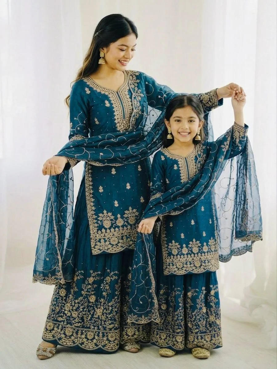 NEW ARRIVAL GMY SILK EMBROIDERY SEQUENCE WORK MOTHDER DAUGHTER SET FESTIVE WEAR WHOLESALE PRICE ETHNIC GARMENT (2)