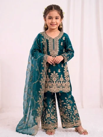 NEW ARRIVAL GMY SILK EMBROIDERY SEQUENCE WORK KID'S TOP PALAZZO WITH DUPATTA TEAL