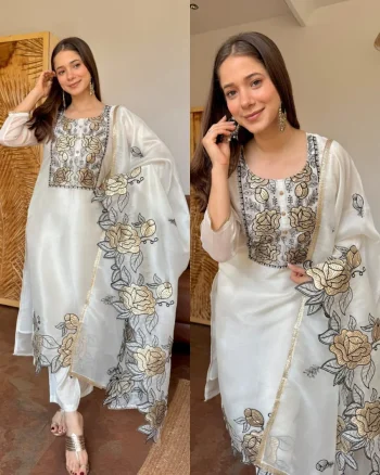 NEW ARRIVAL GMY SILK EMBROIDERY WITH CUT WORK TOP BOTTOM WITH DUPATTA WHITE