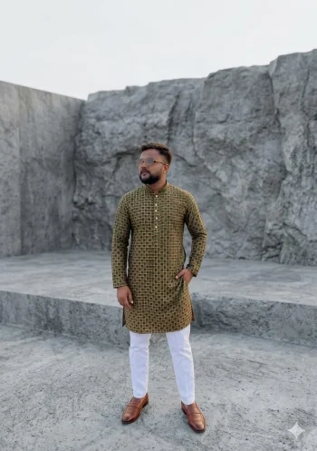 NEW ARRIVAL JACQUARD DIGITAL PRINT  WORK MEN'S KURTA PAYJAMA MEHNDI