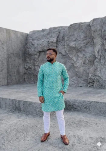 NEW ARRIVAL JACQUARD DIGITAL PRINT  WORK MEN'S KURTA PAYJAMA SKY