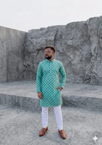 NEW ARRIVAL JACQUARD DIGITAL PRINT  WORK MEN'S KURTA PAYJAMA SKY