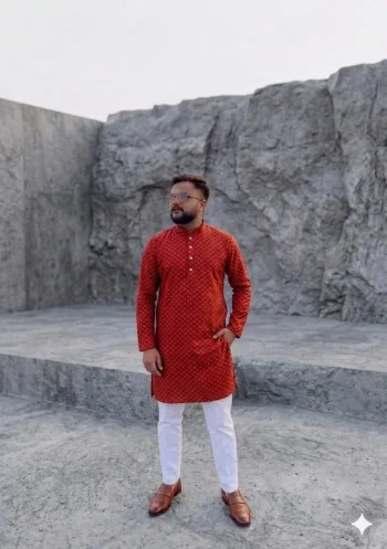 NEW ARRIVAL JACQUARD DIGITAL PRINT  WORK MEN'S KURTA PAYJAMA RED