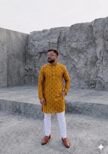 NEW ARRIVAL JACQUARD DIGITAL PRINT  WORK MEN'S KURTA PAYJAMA YELLOW