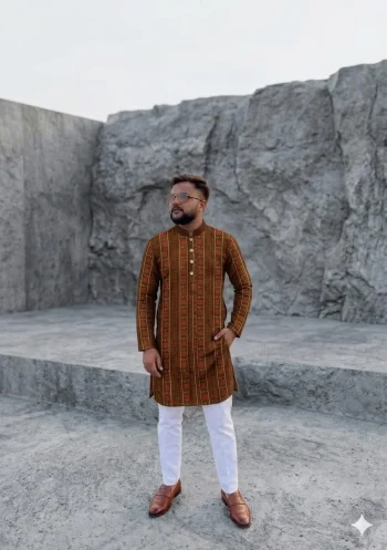 NEW ARRIVAL JACQUARD DIGITAL PRINT  WORK MEN'S KURTA PAYJAMA BROWN