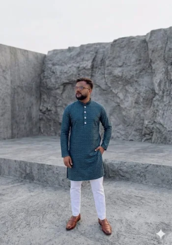 NEW ARRIVAL JACQUARD DIGITAL PRINT  WORK MEN'S KURTA PAYJAMA TEAL
