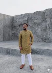NEW ARRIVAL JACQUARD DIGITAL PRINT  WORK MEN'S KURTA PAYJAMA CHIKU